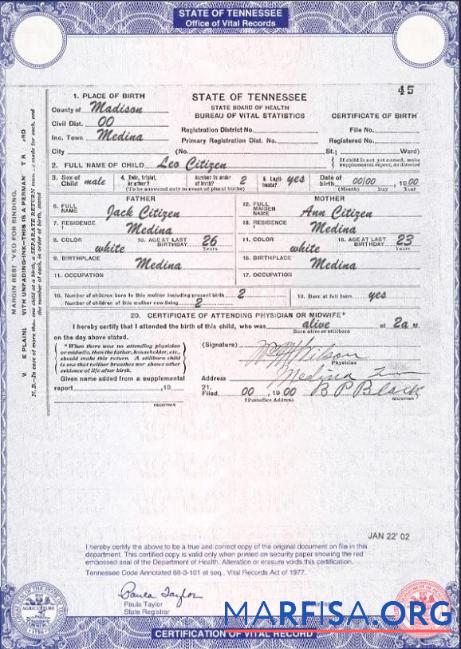Blank USA Tennessee state birth certificate template in PSD format